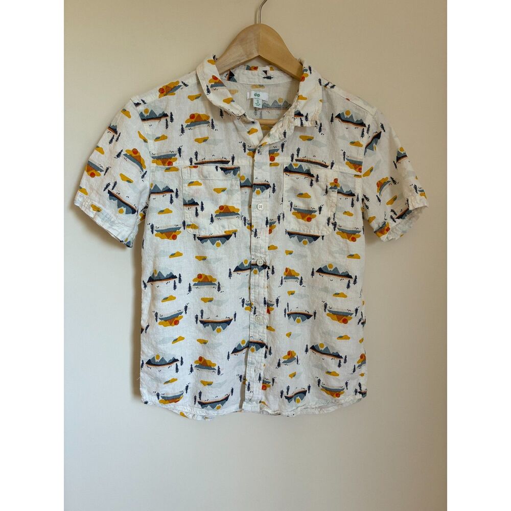 Dip White landscape Linen Blend Button Up Shirt Boy's Size XL 16